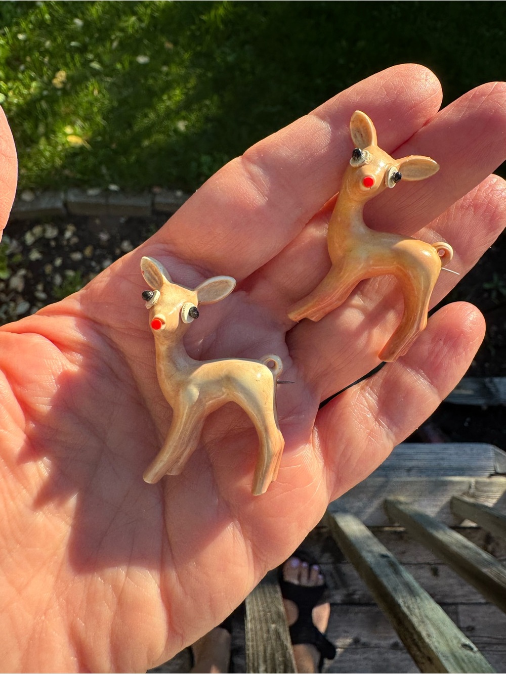 Vintage Beige Plastic Deer Brooches with Red Nose Accents